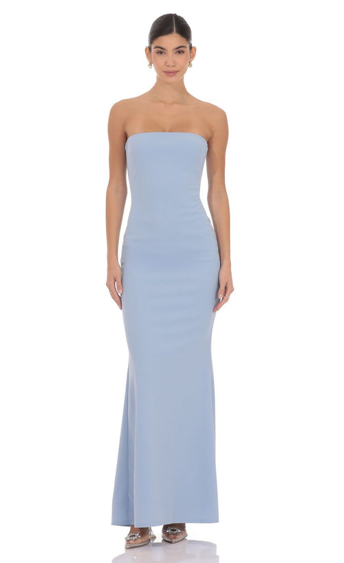 Back Bow Strapless Maxi Dress in Light Blue
