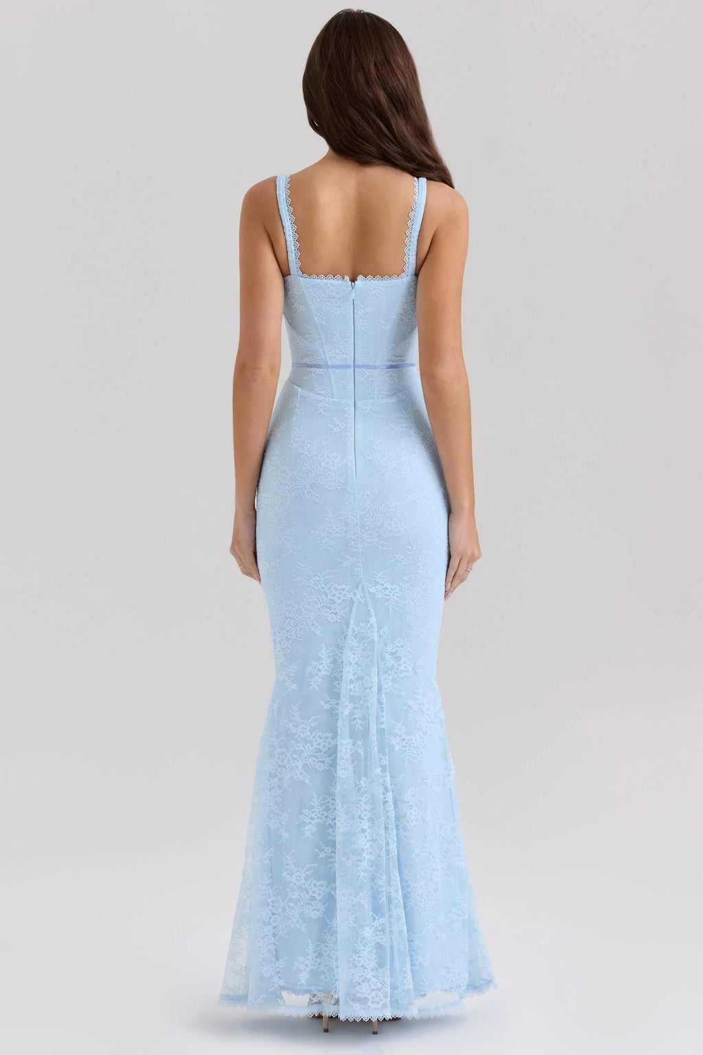 blue lace godet maxi dress