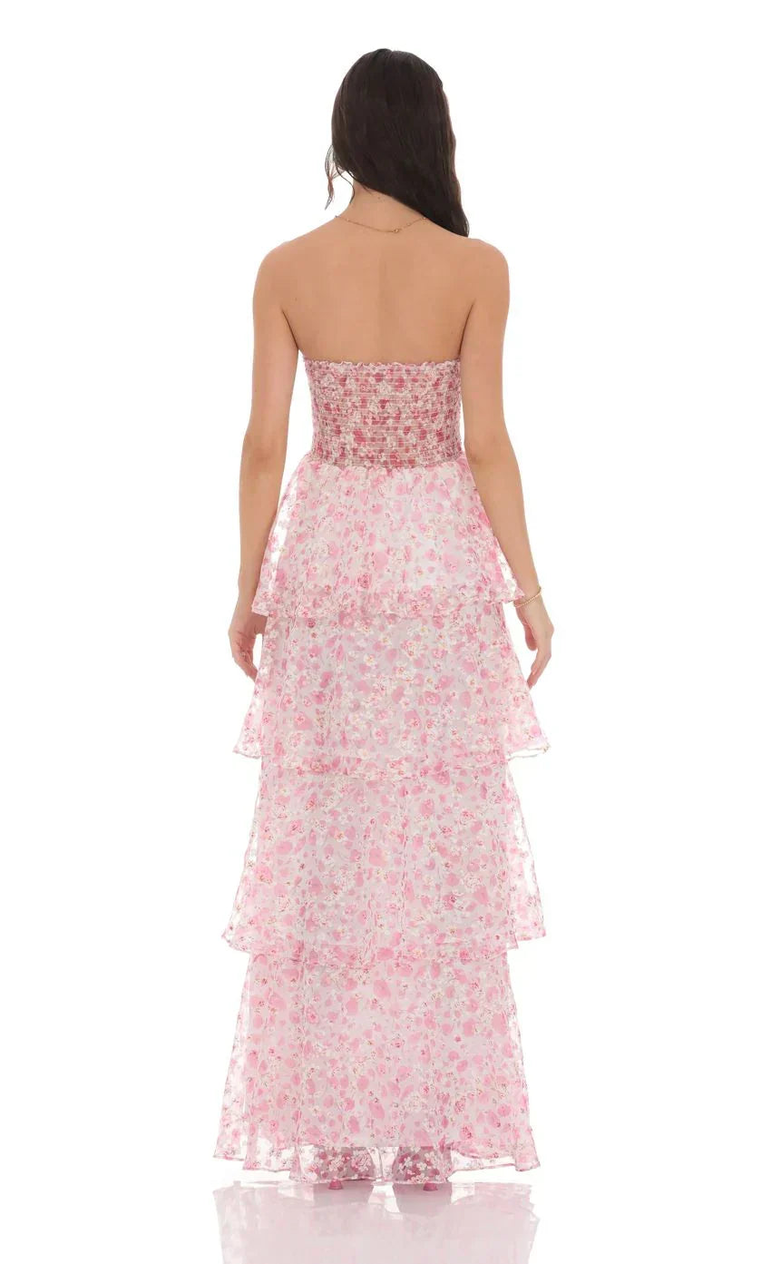 Smocked Floral Ruffle Maxi Dress In Pink