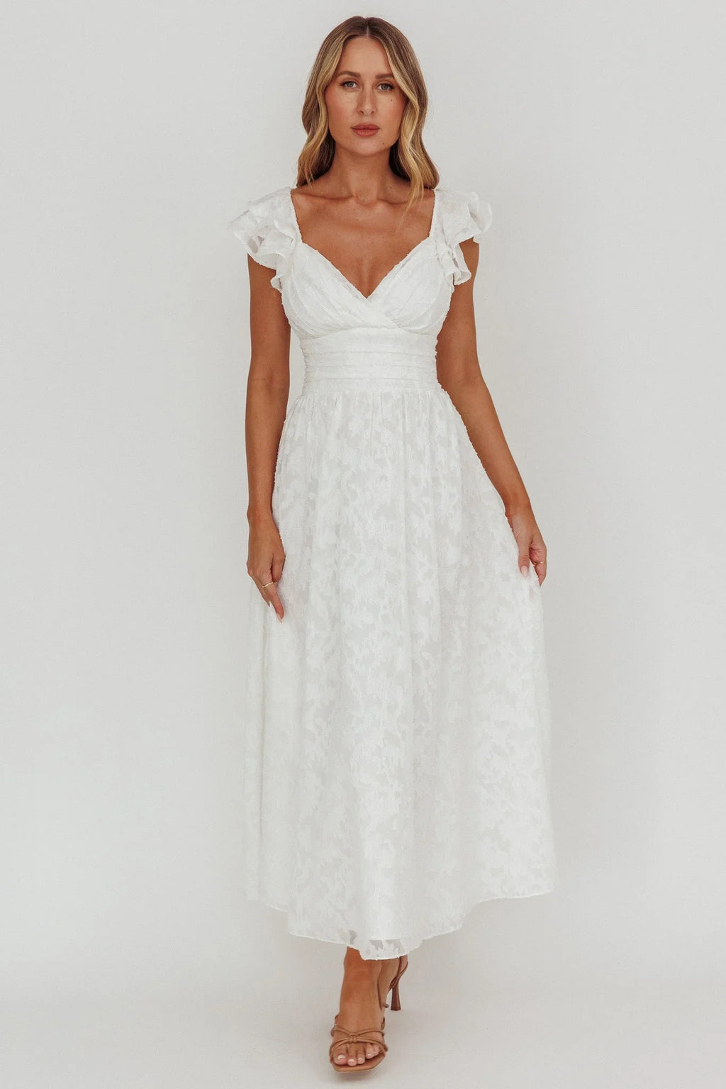 Lola Ruffle Shoulder Maxi Dress Textured White