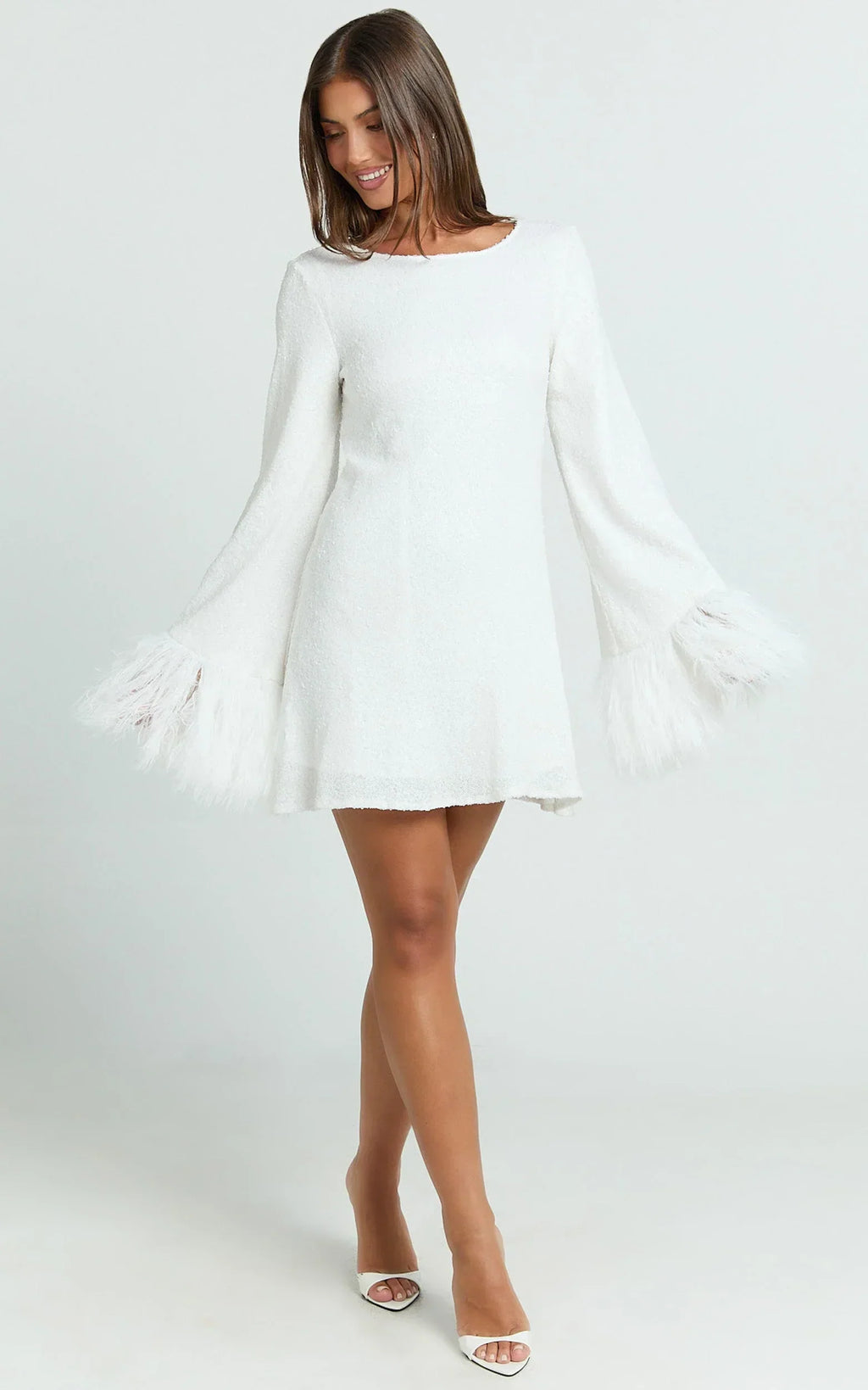 Rowella Mini Dress - Faux Feather Bell Sleeve Dress in White