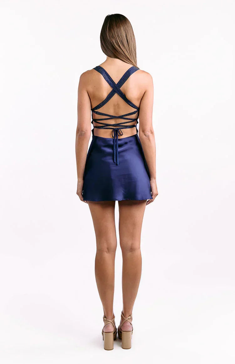 Jazzy Navy Contrast Rhinestone Mini Dress