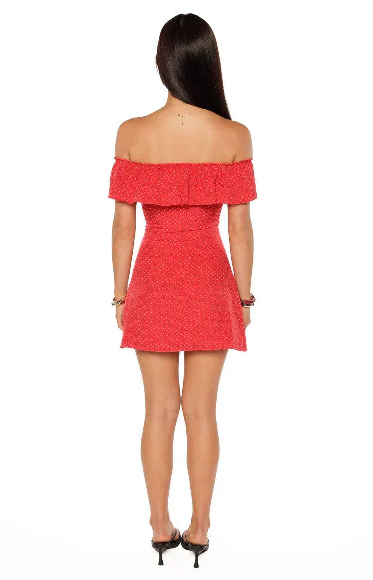 Haylie Red Polka Dot Off Shoulder Mini Dress