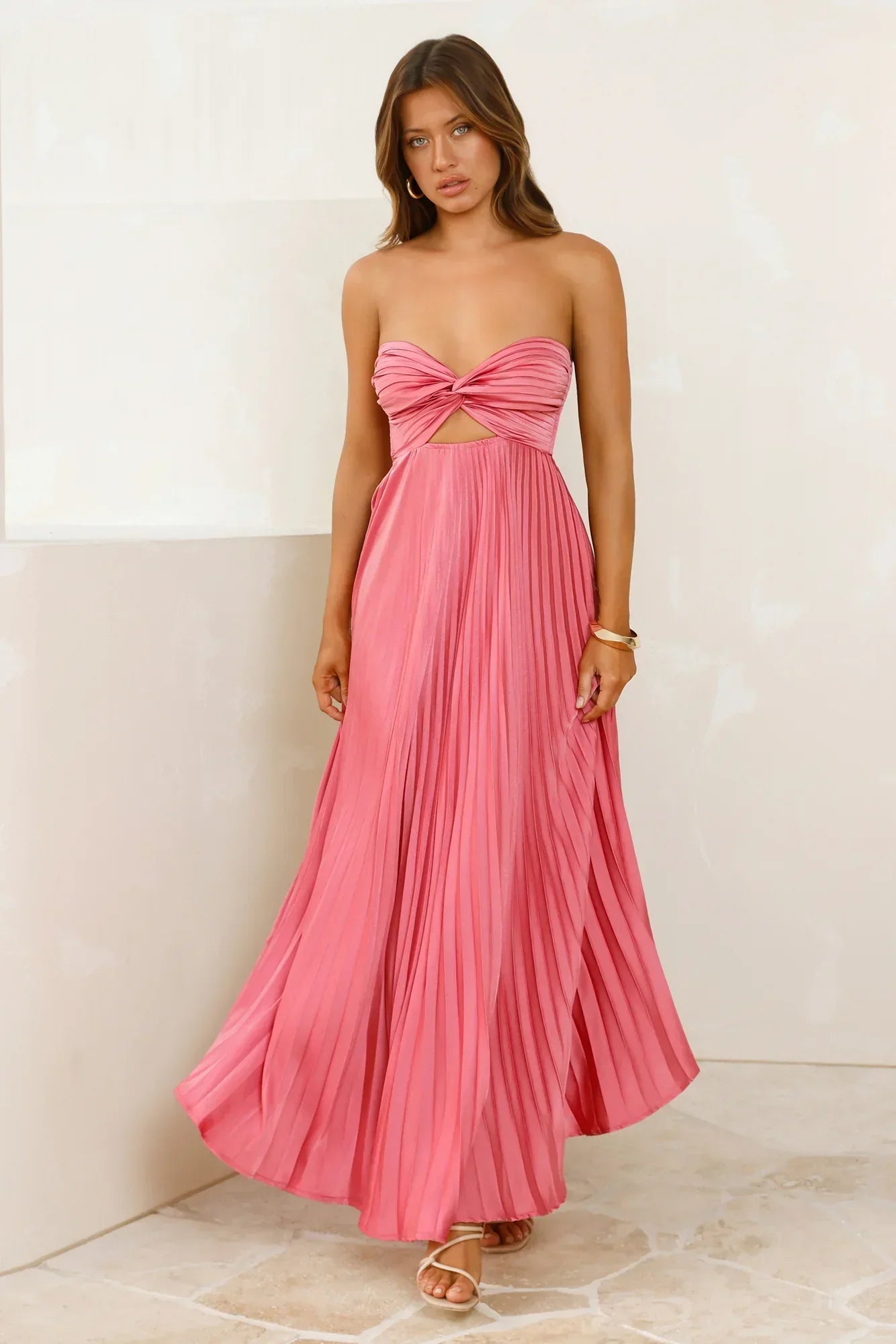 Vibes Are Priceless Strapless Satin Pleated Maxi Dress