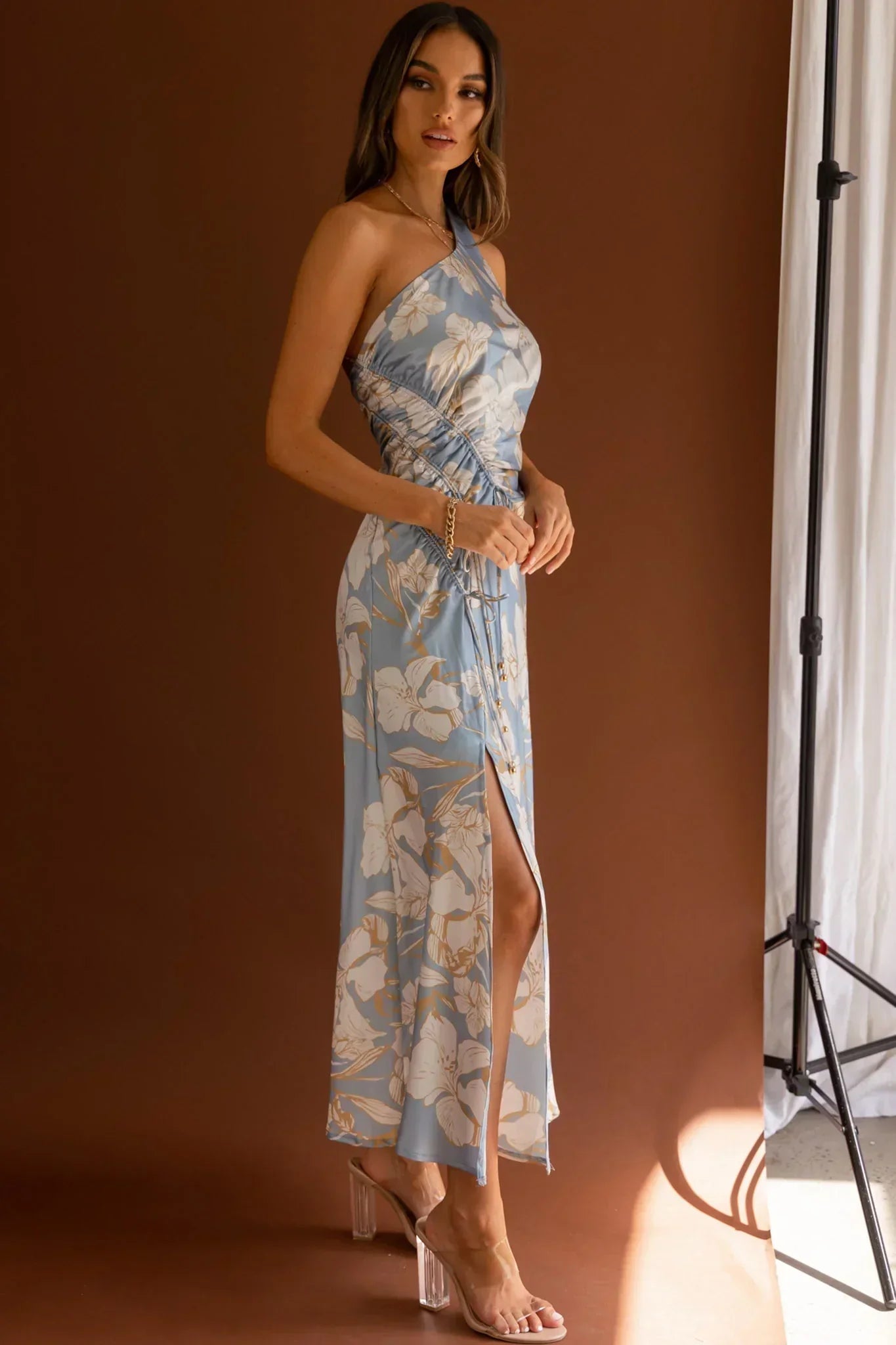 Casa Del Mar One-Shoulder Ruched Midi Dress Floral Blue