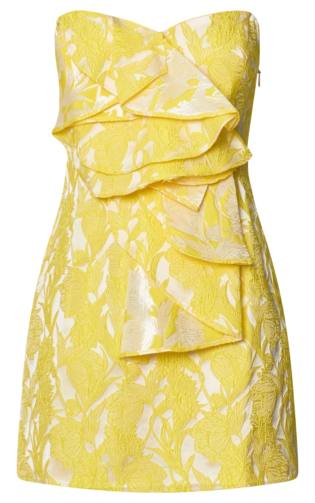 Amalie The Label - Frederika Strapless Ruffle Detail Jacquard Mini Dress in Yellow
