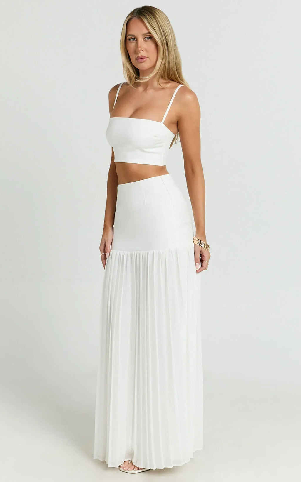 Rowan Two Piece Set - Square Neck Crop Top And High Waist Pleated Skirt Set In Ivory