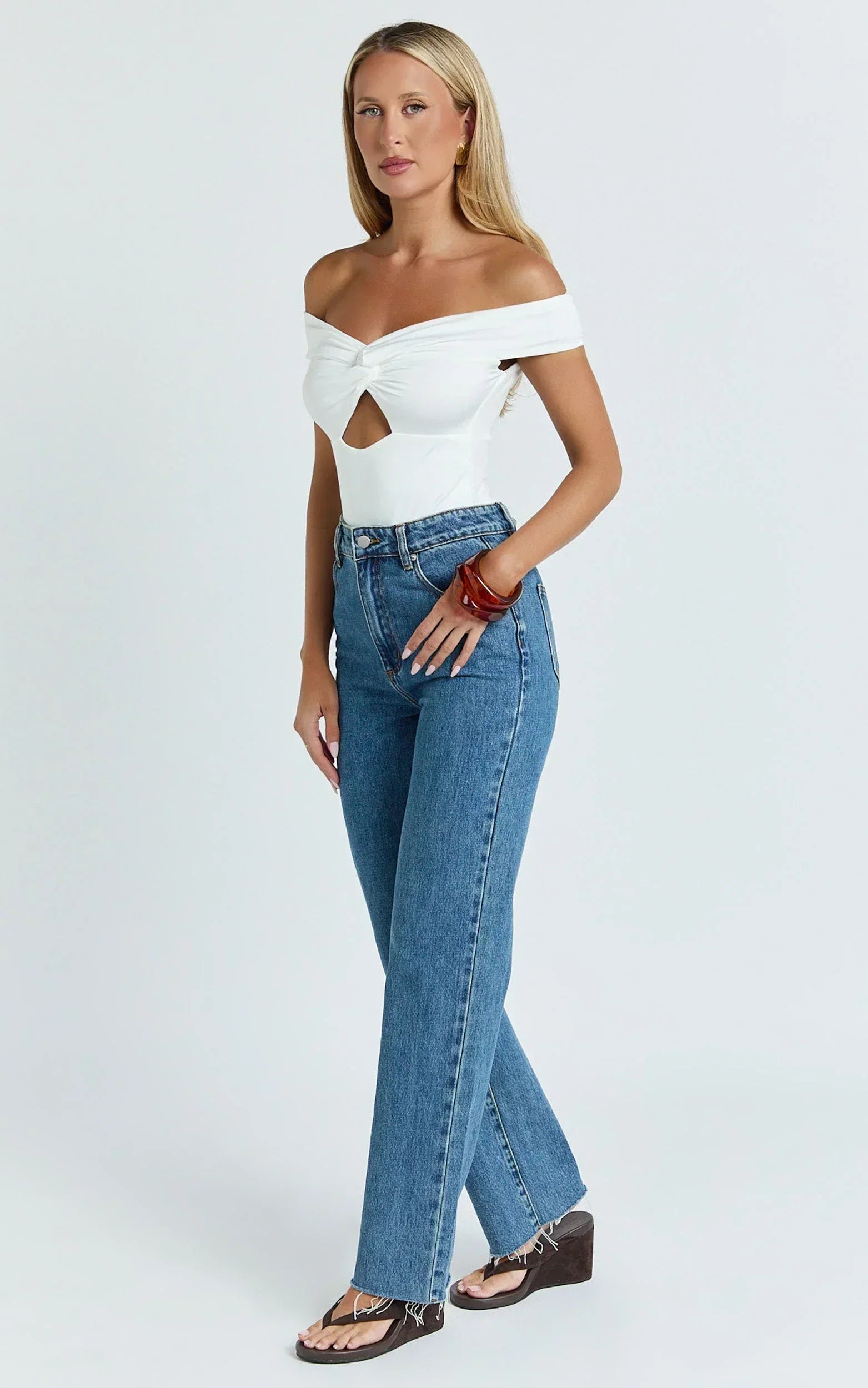 Helen Bodysuit - Twist Off Shoulder Cut Out Bodysuit in White
