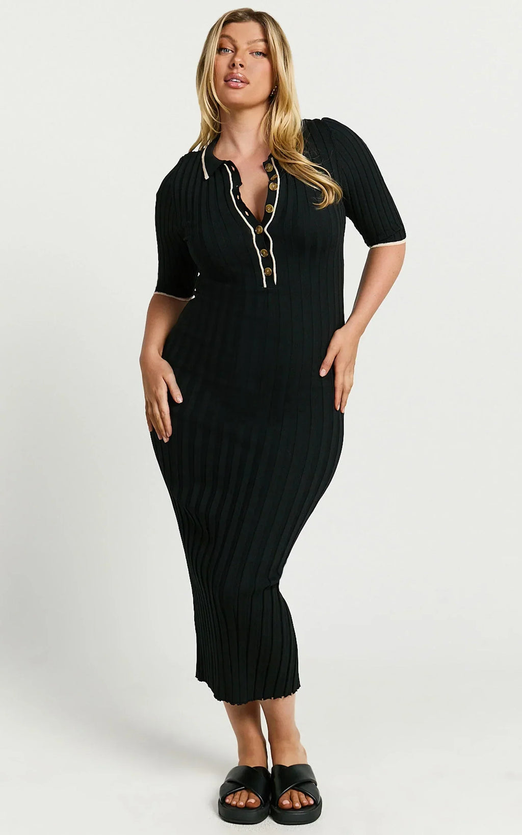 Lada Midi Dress - Short Sleeve Button Front Knit Dress in Black