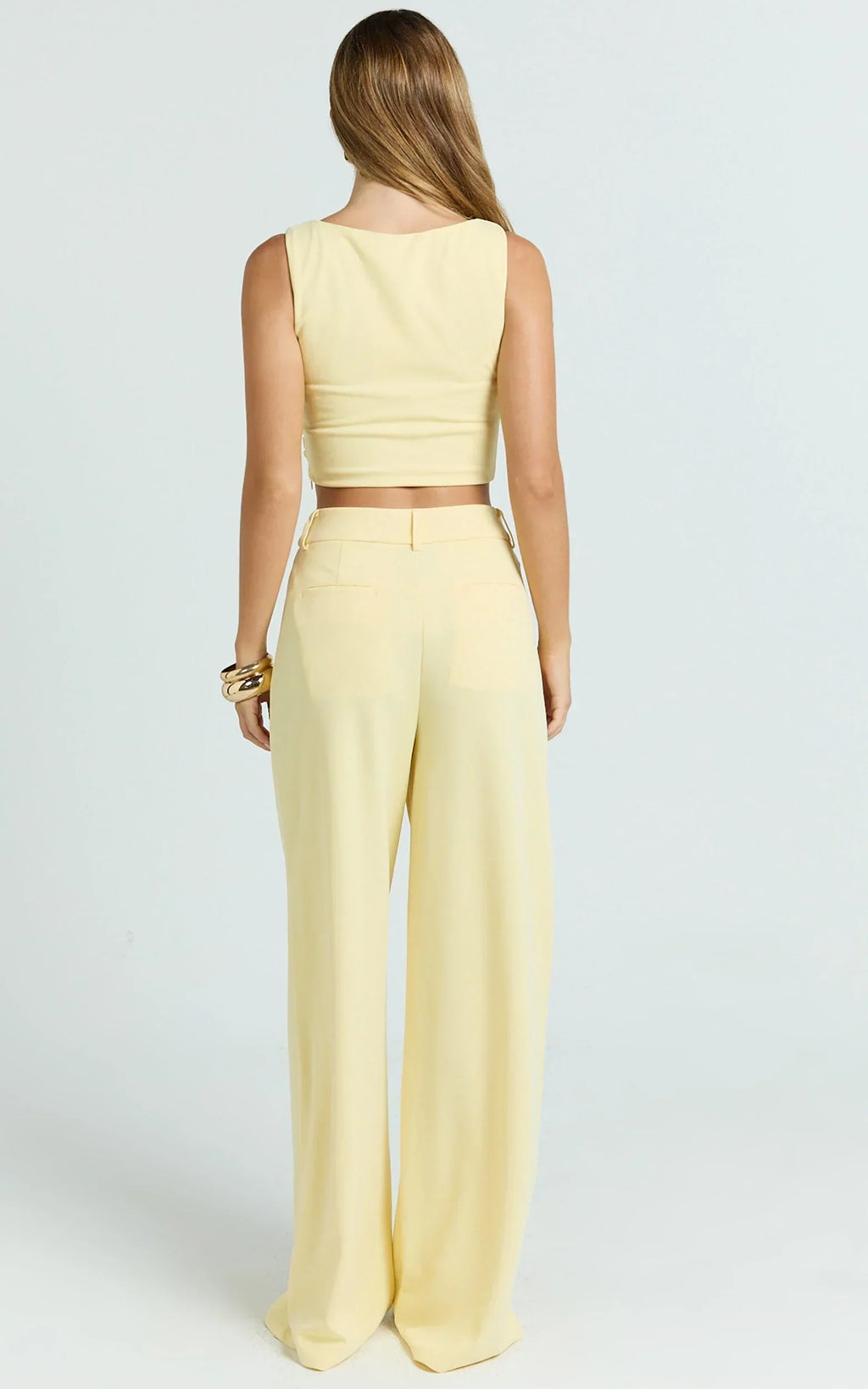Helen Two Piece Set - Crepe Twisted Top And Wide Leg Pants in Pastel Yellow