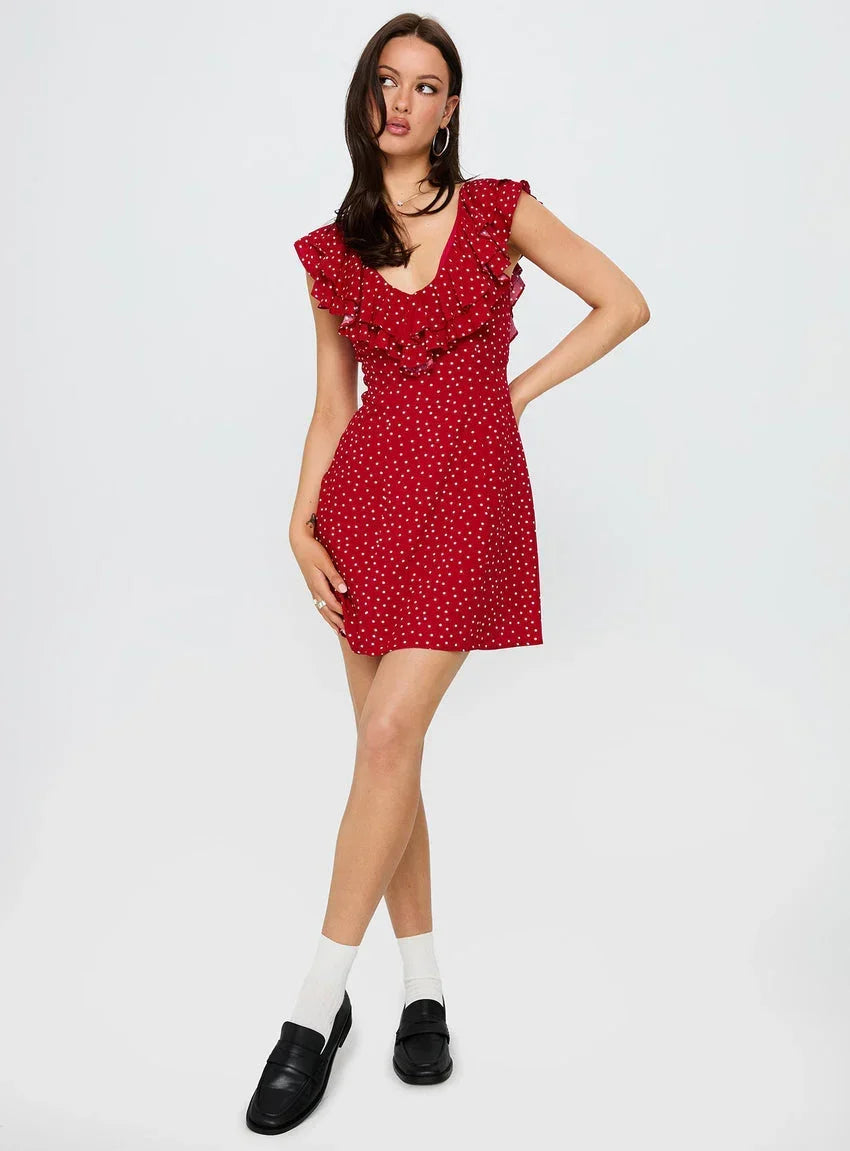 Cherry Schnapps Flutter Mini Dress Red Polka