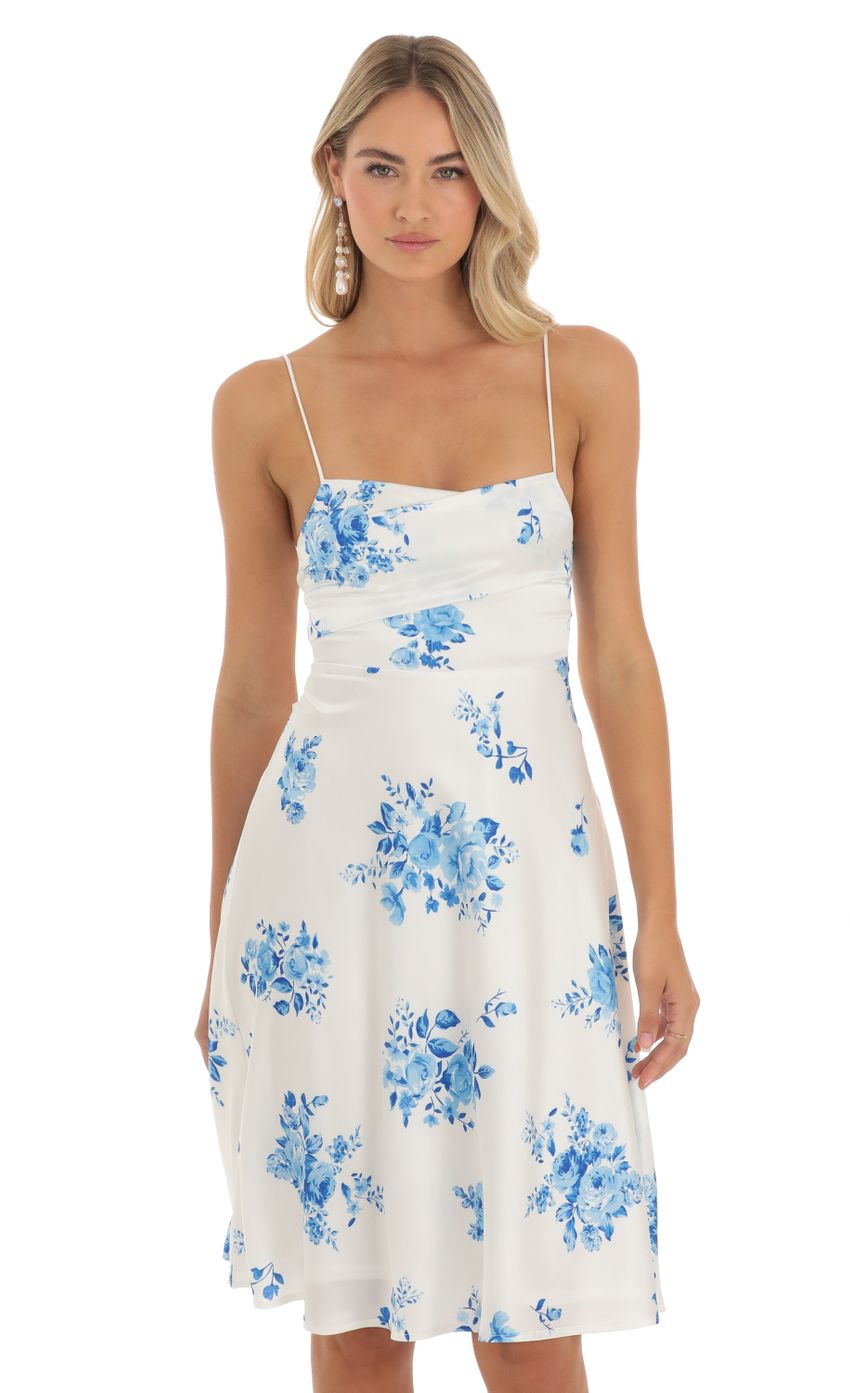 Satin Floral Midi Dress in White