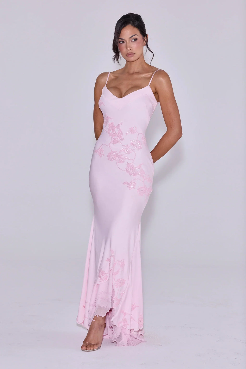 pink hand beaded embellished satin maxi dress