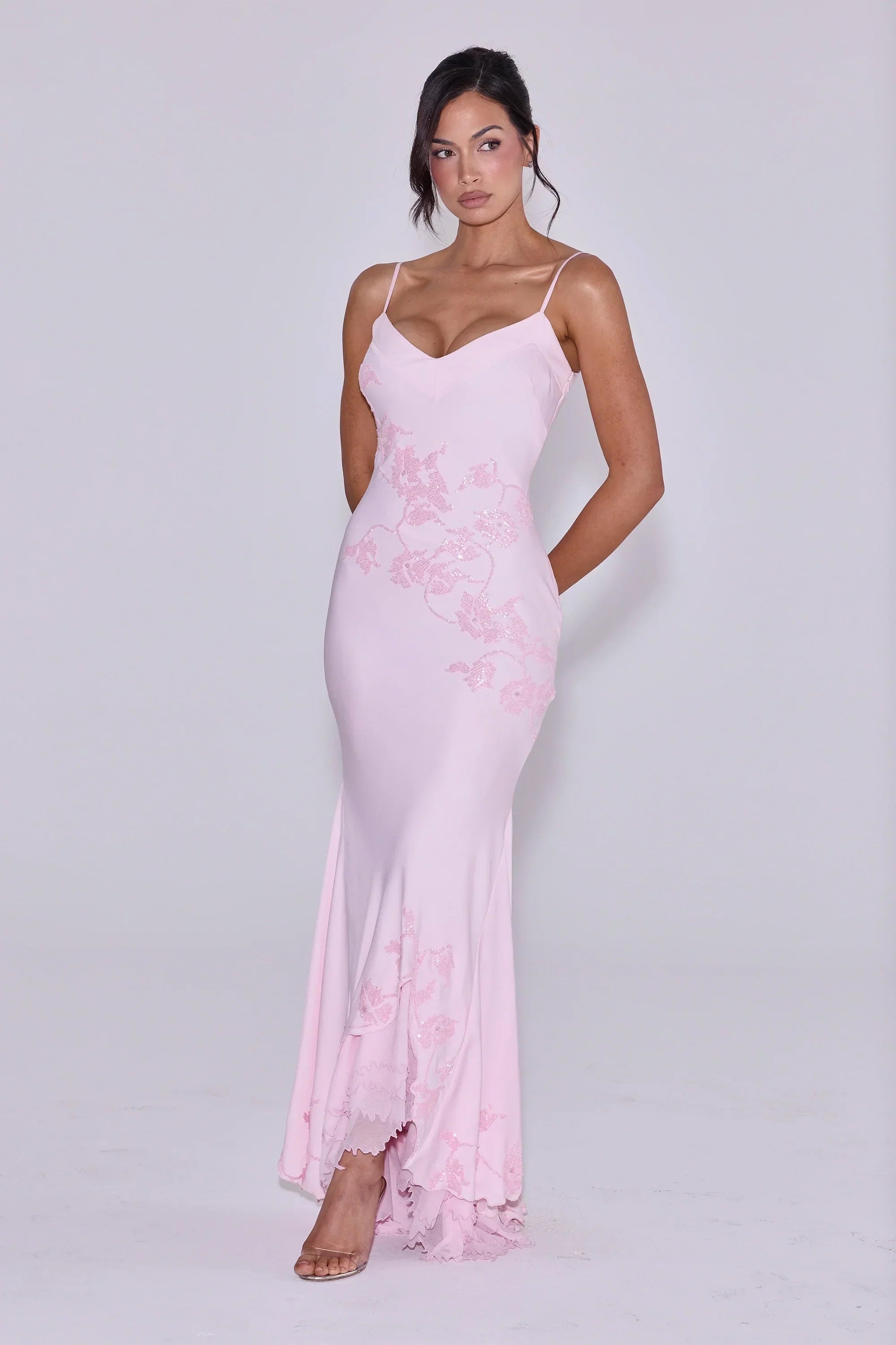 pink hand beaded embellished satin maxi dress