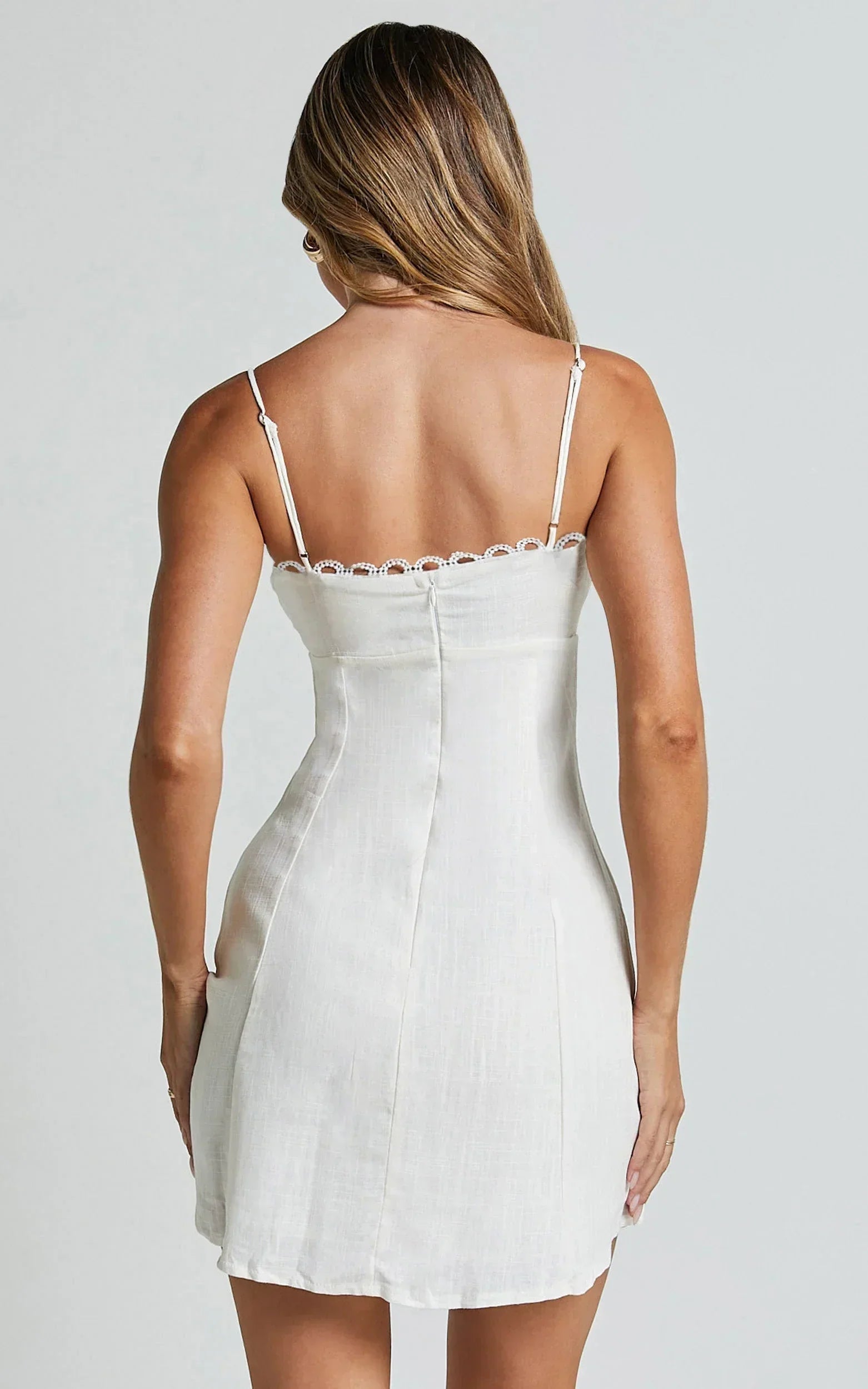 Gelli Mini Linen Blend Dress - Strappy Lace Detail Dress in White