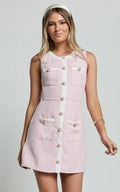 River Mini Dress - Boucle Button Through A Line Dress In Light Pink