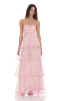 Smocked Floral Ruffle Maxi Dress In Pink