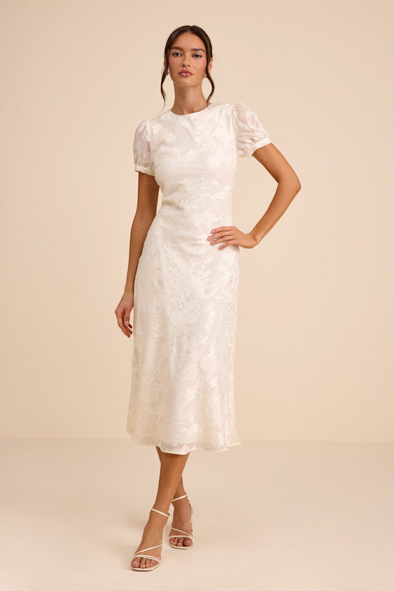 Bridget Ivory Floral Jacquard Puff Sleeve Midi Dress