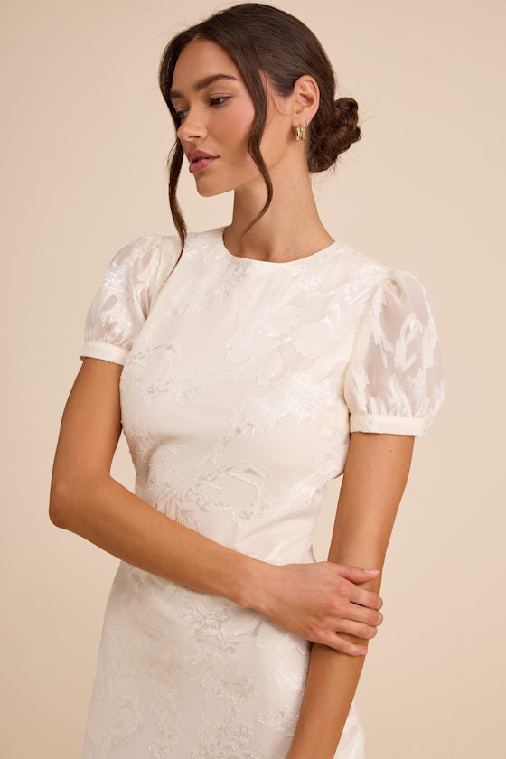 Bridget Ivory Floral Jacquard Puff Sleeve Midi Dress