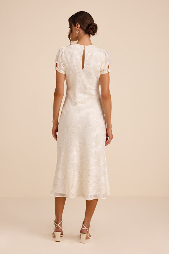 Bridget Ivory Floral Jacquard Puff Sleeve Midi Dress