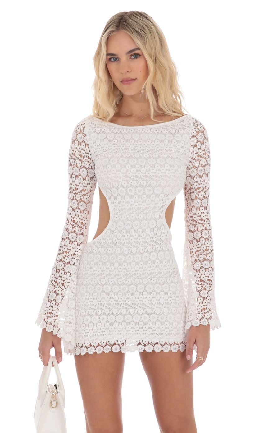 Floral Crochet Long Sleeve Dress in White