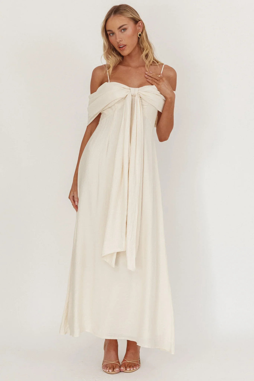 Lillibet Bow Tied Bust Midi Dress Cream