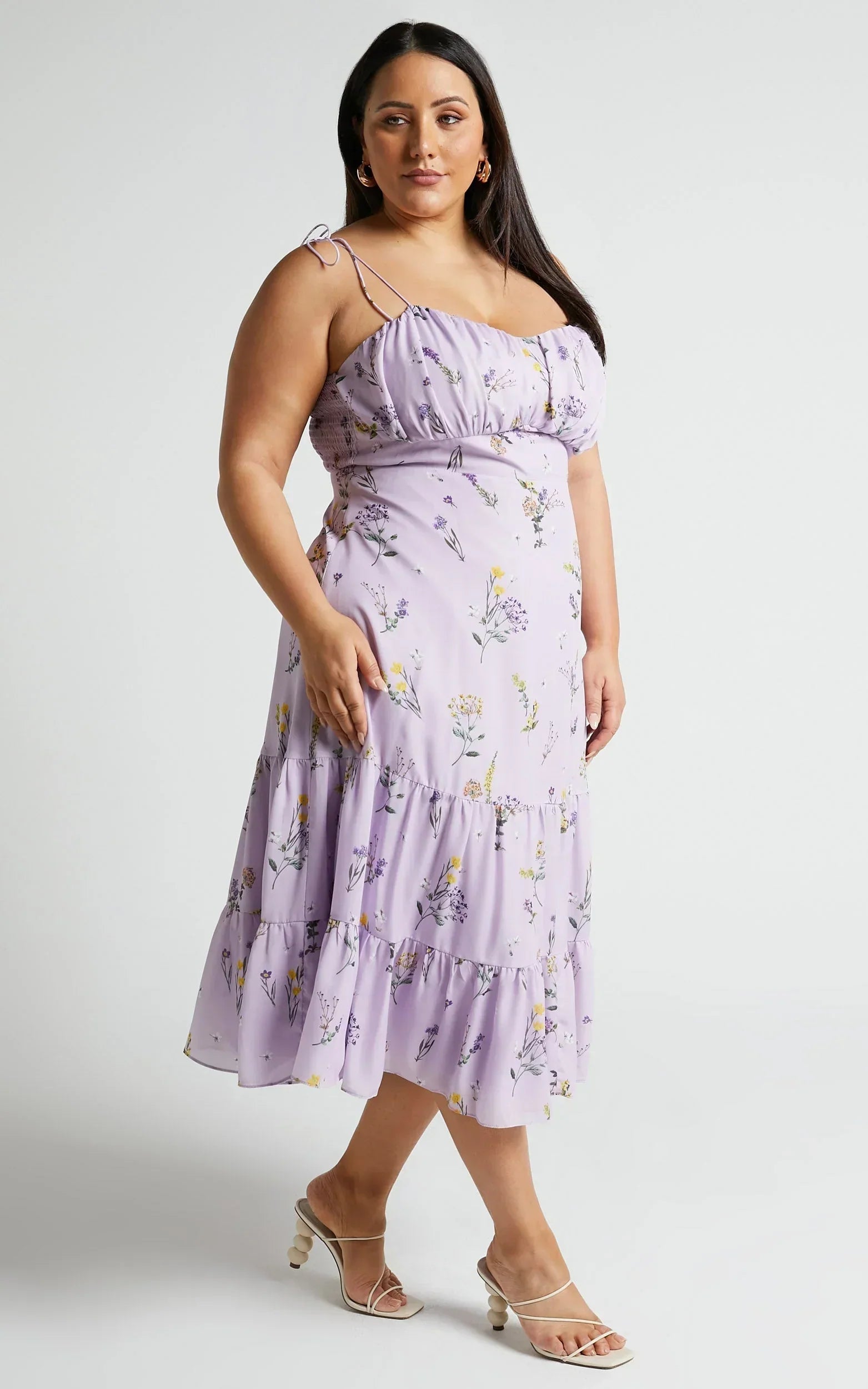 Monaco Midi Dress - Strappy Sweetheart Tiered Dress in Lavender Botanical Floral