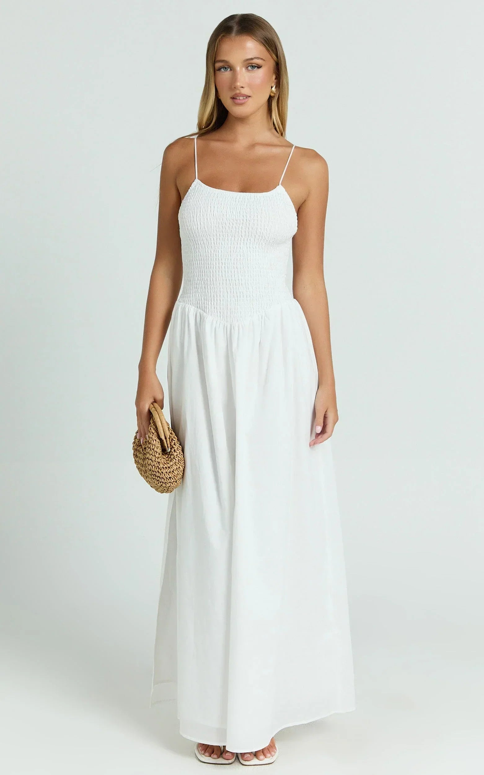 Rammy Maxi Dress - Sleeveless Shirred Dress in White