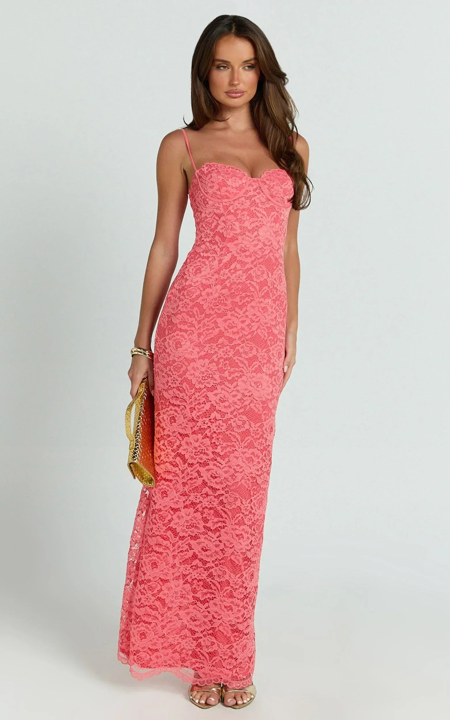 Carli Maxi Dress - Adjustable Strap Corset Bodycon Lace Dress in Watermelon