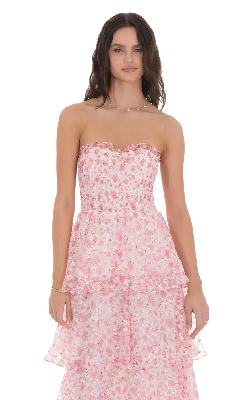 Smocked Floral Ruffle Maxi Dress In Pink