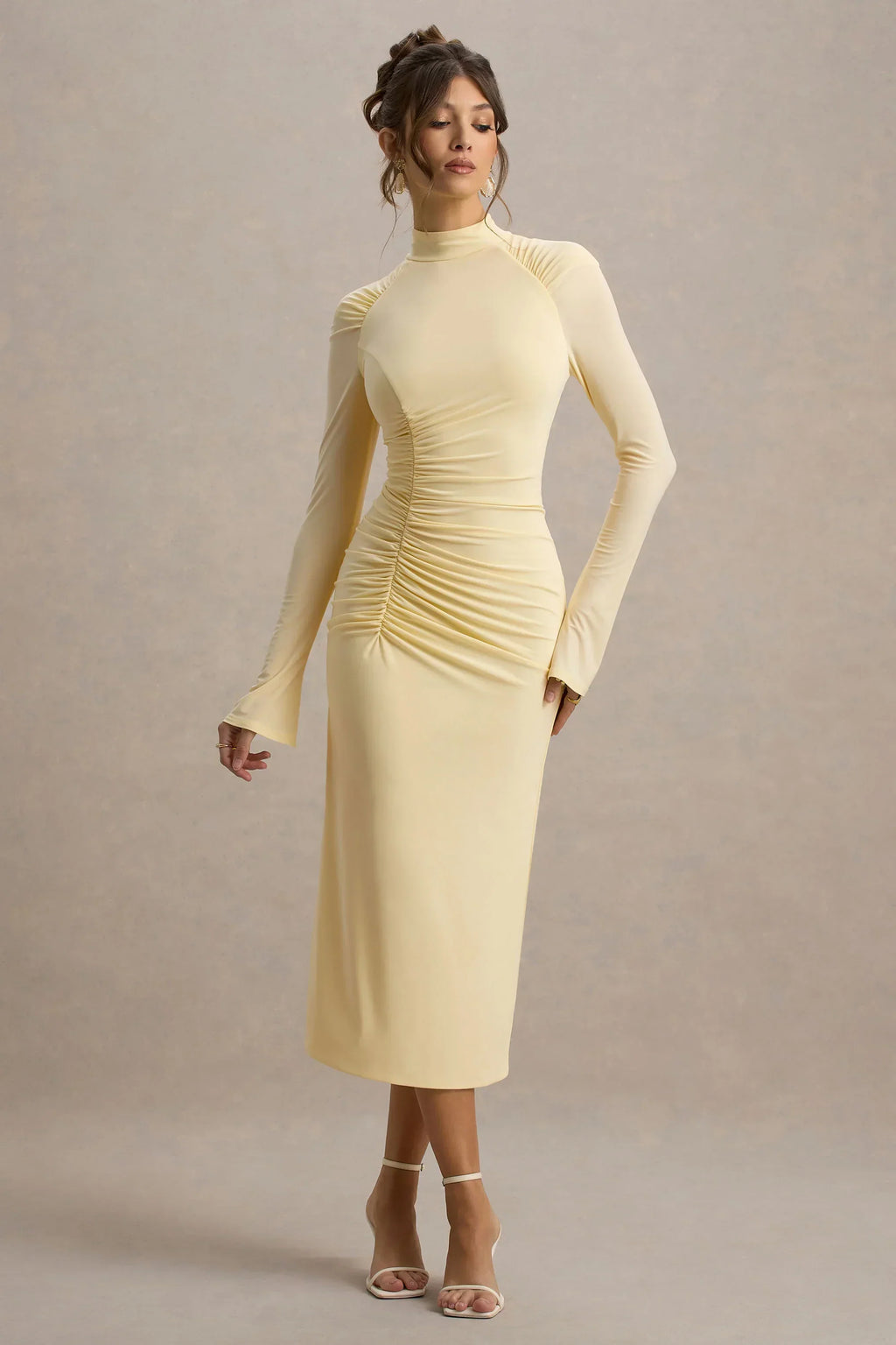 Cassandra | Pale Lemon High-Neck Long-Sleeve Midi Dress