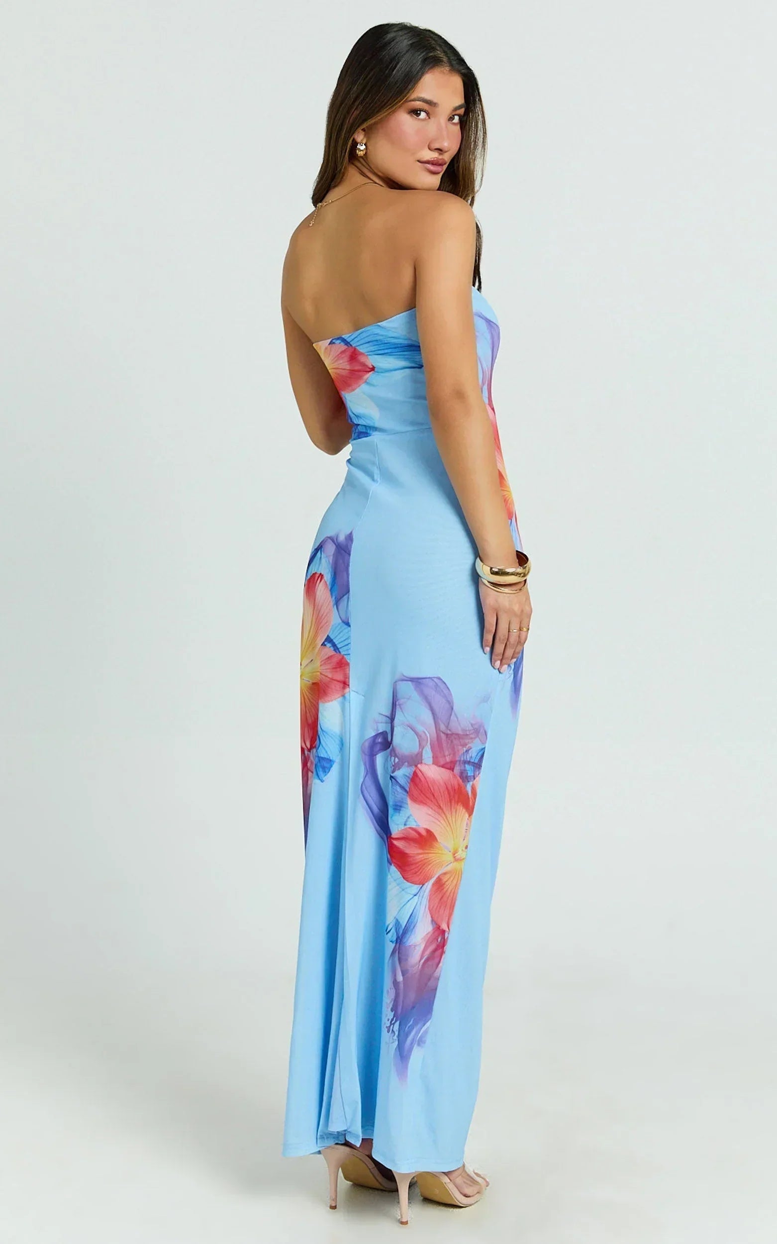 Jenny Maxi Dress - Strapless Mesh Bodycon Dress in Electric Print