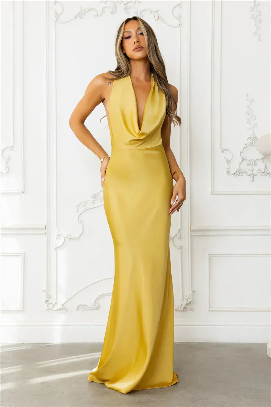 Nightfall Noir Halter Satin Maxi Dress