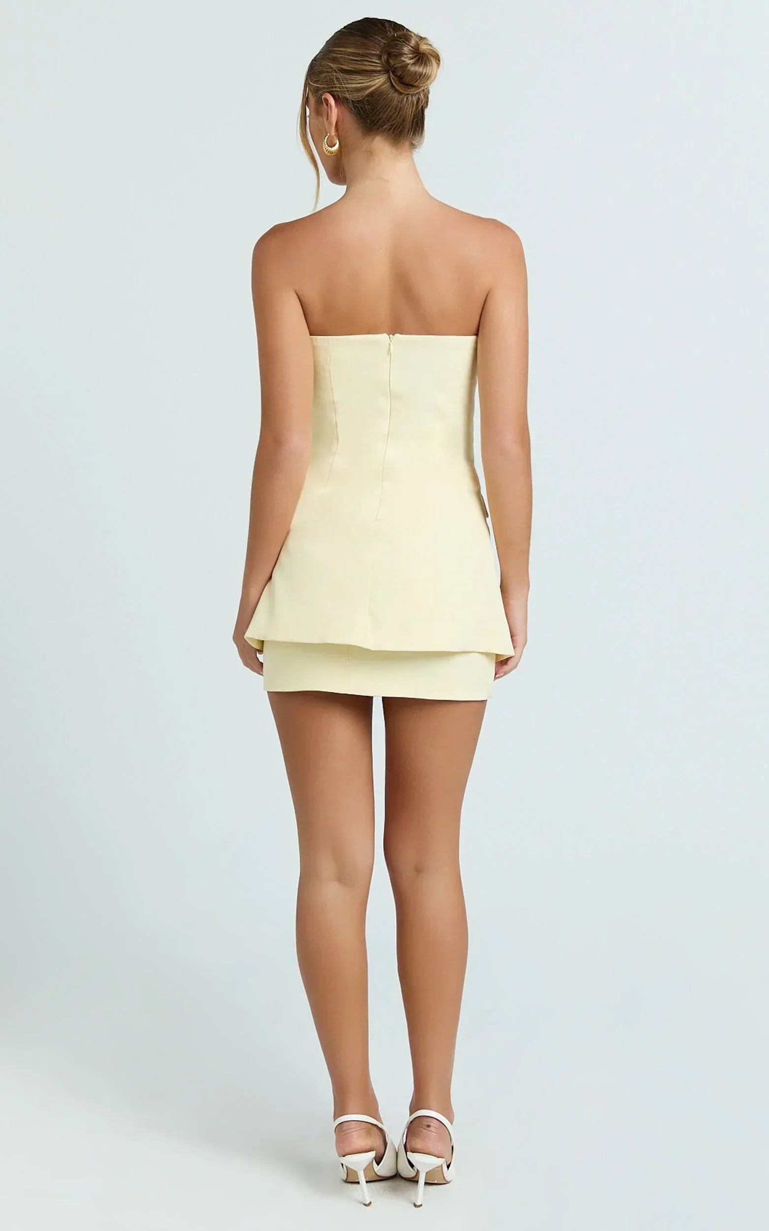 Monroe Two Piece Set - Strapless Button Down Longline Vest Top and High Waisted Mini Skirt in Butter Yellow