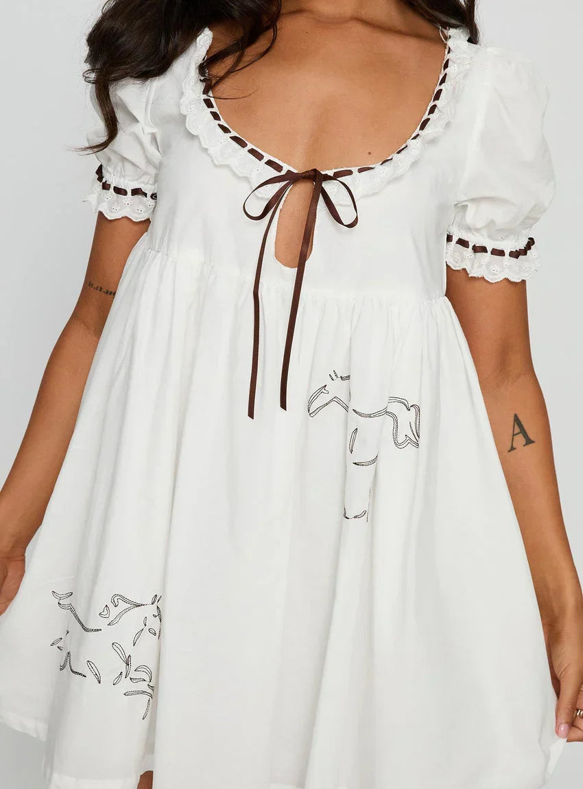 Cloudy Babydoll Contrast Trim Mini Dress White