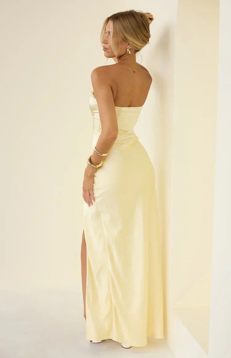 Sasha Yellow Ruched Twist Satin Maxi Dress