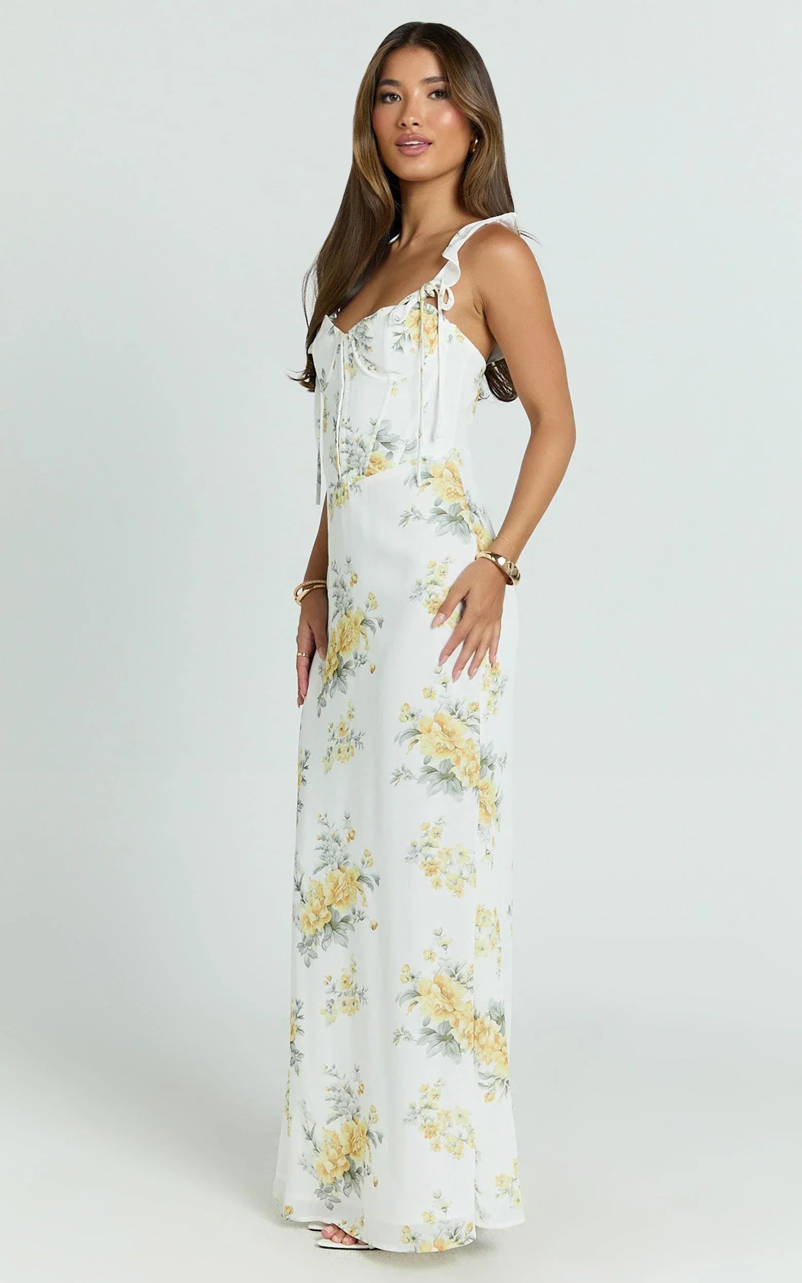 Mabel Maxi Dress - Georgette Frill Sleeve Sweetheart Bias Cut Dress in Antique Florals