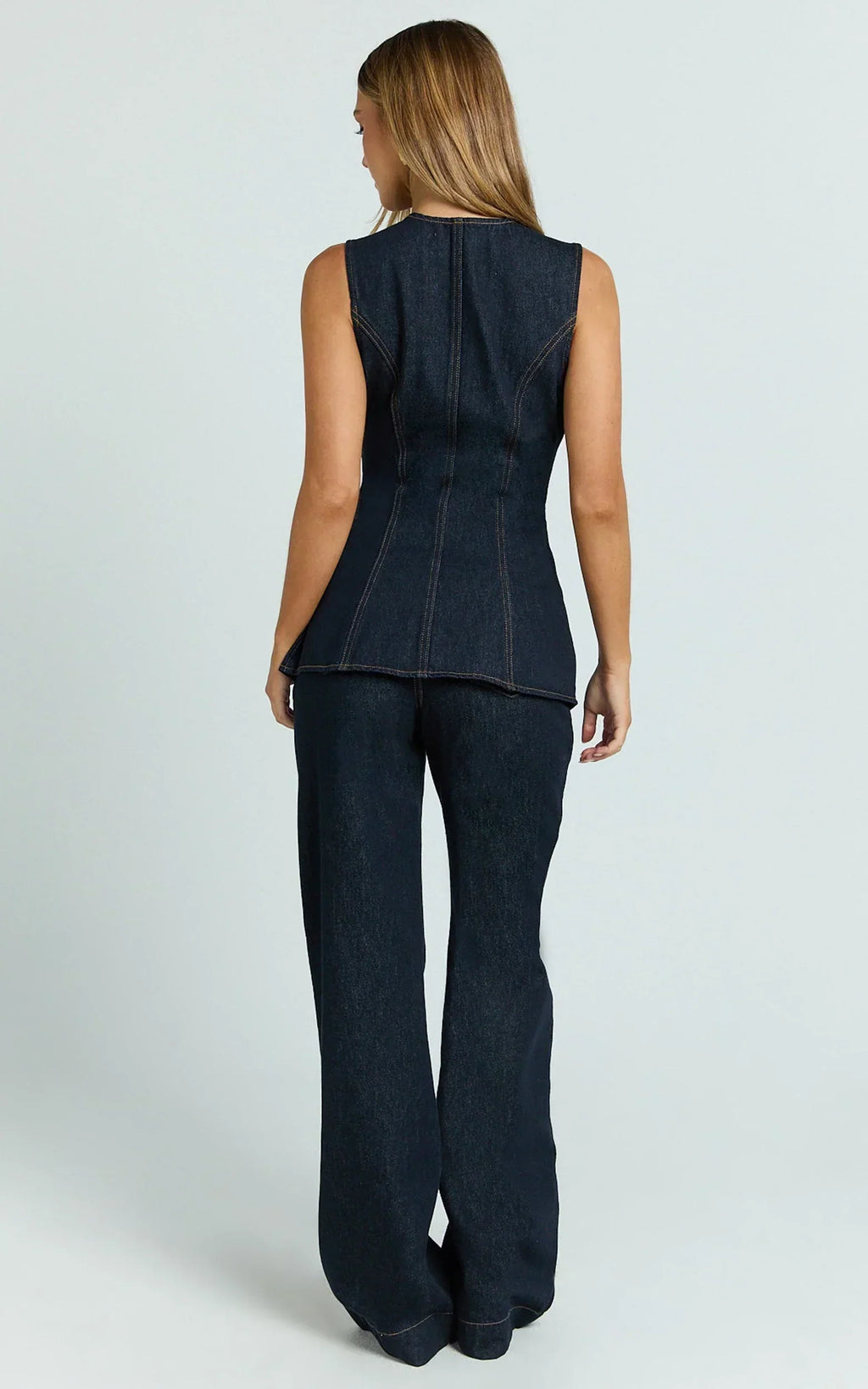 Rhianna Top - Button Down Longline Recycled Denim Vest Top in Raw Denim