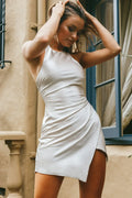 Sonoma Halterneck Faux Wrap Twist Back Mini Dress Oyster