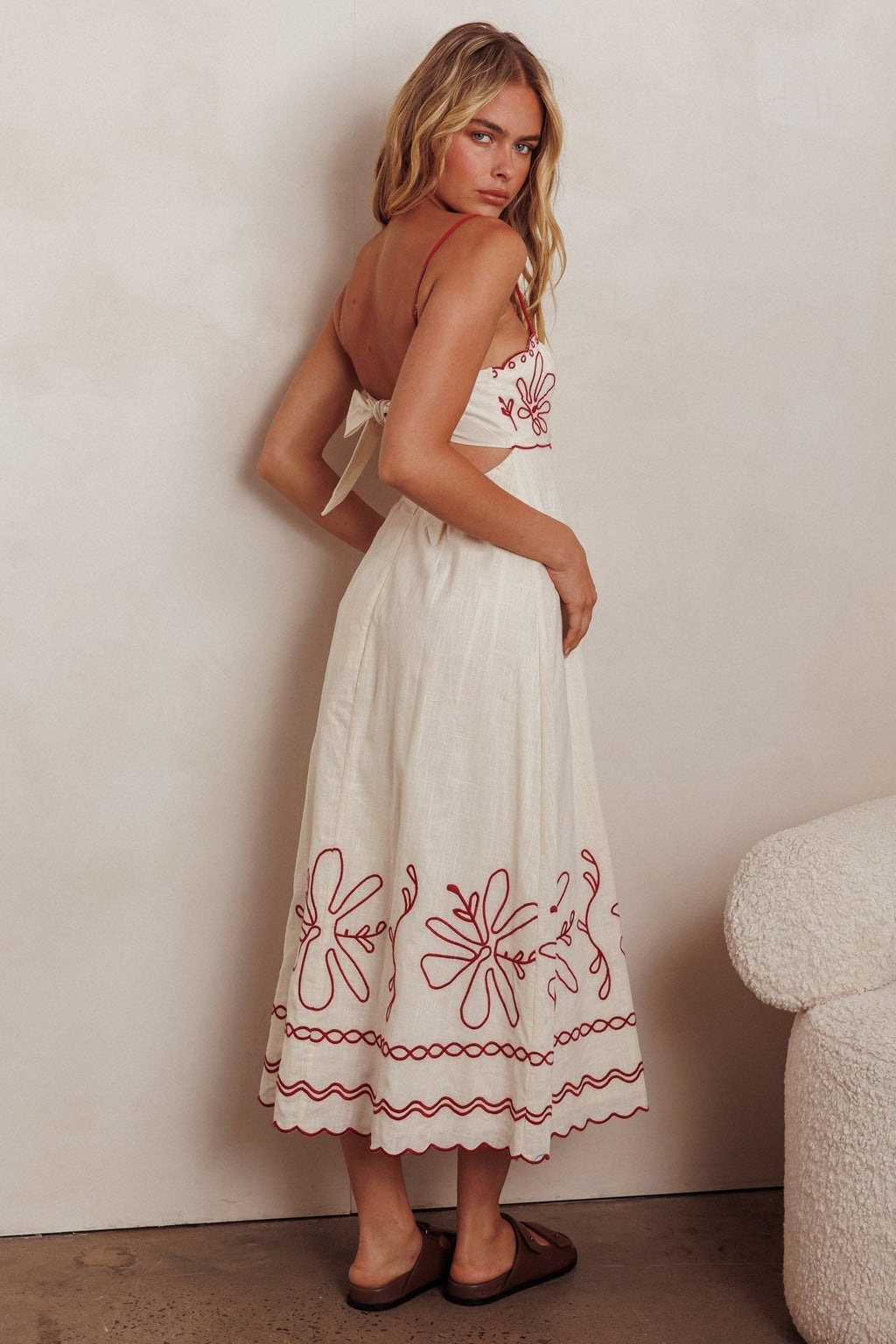 Mondo Scalloped Hem Maxi Dress Embroidered Red