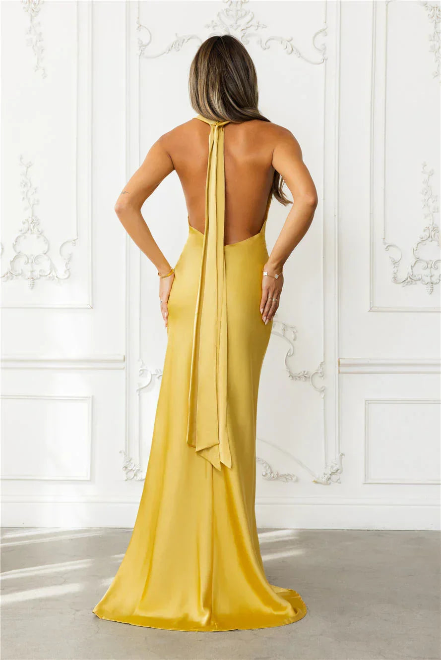 Nightfall Noir Halter Satin Maxi Dress