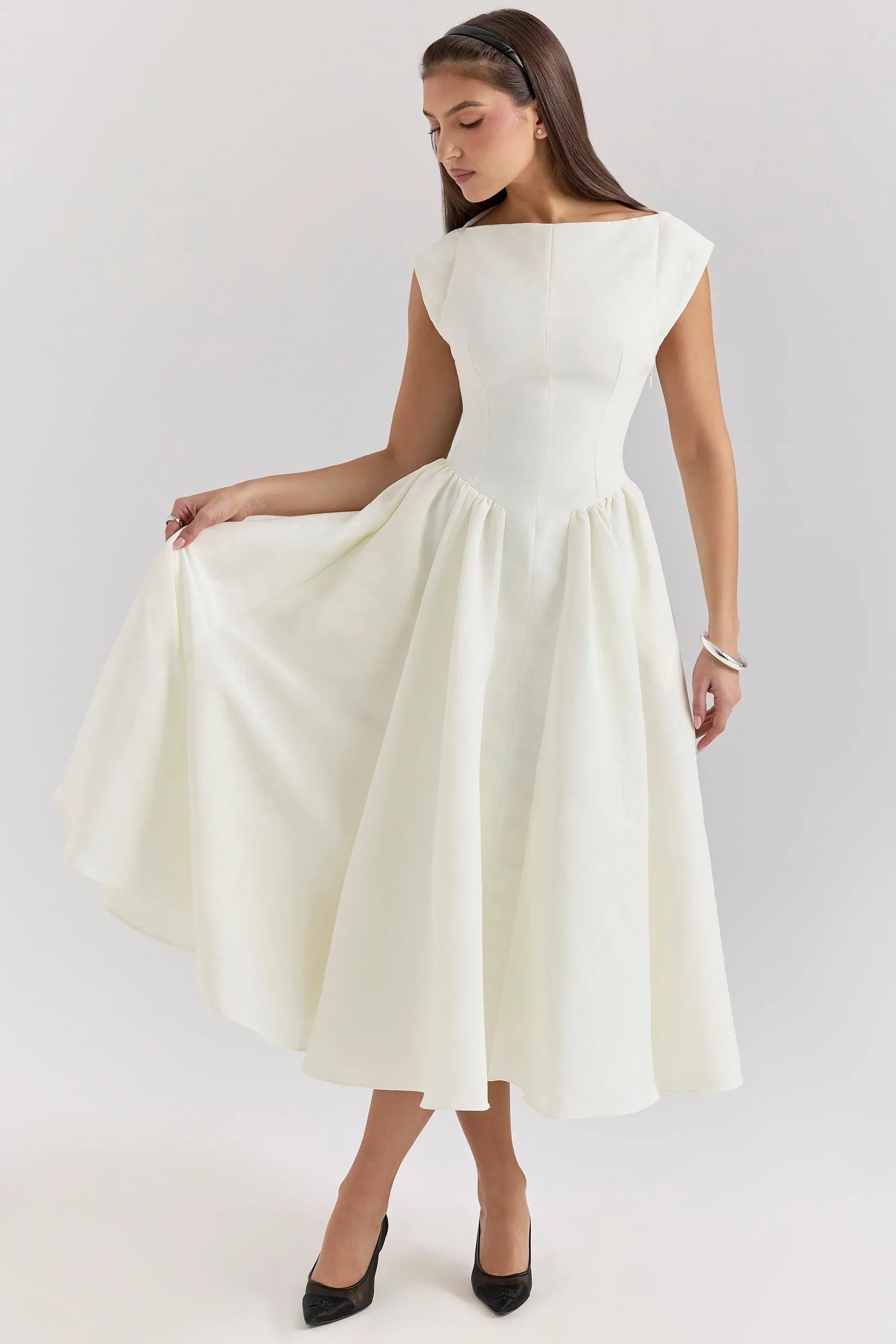 Ivory Moire Satin Midi Dress