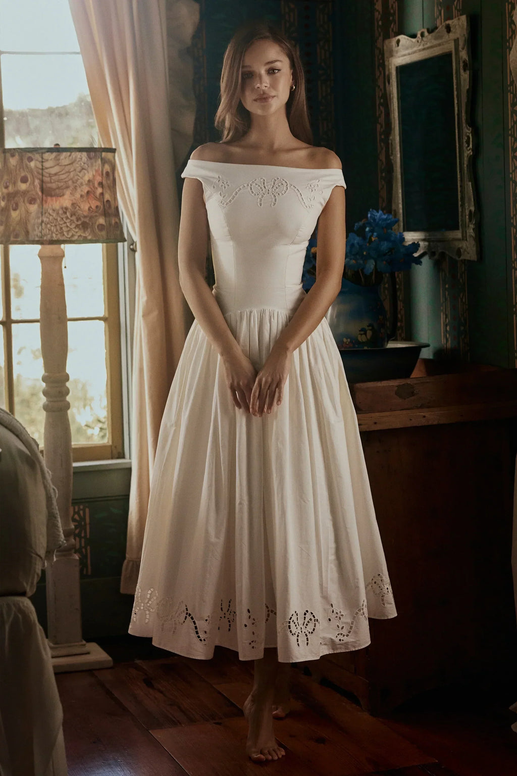 white cotton broderie anglaise boat neck maxi dress