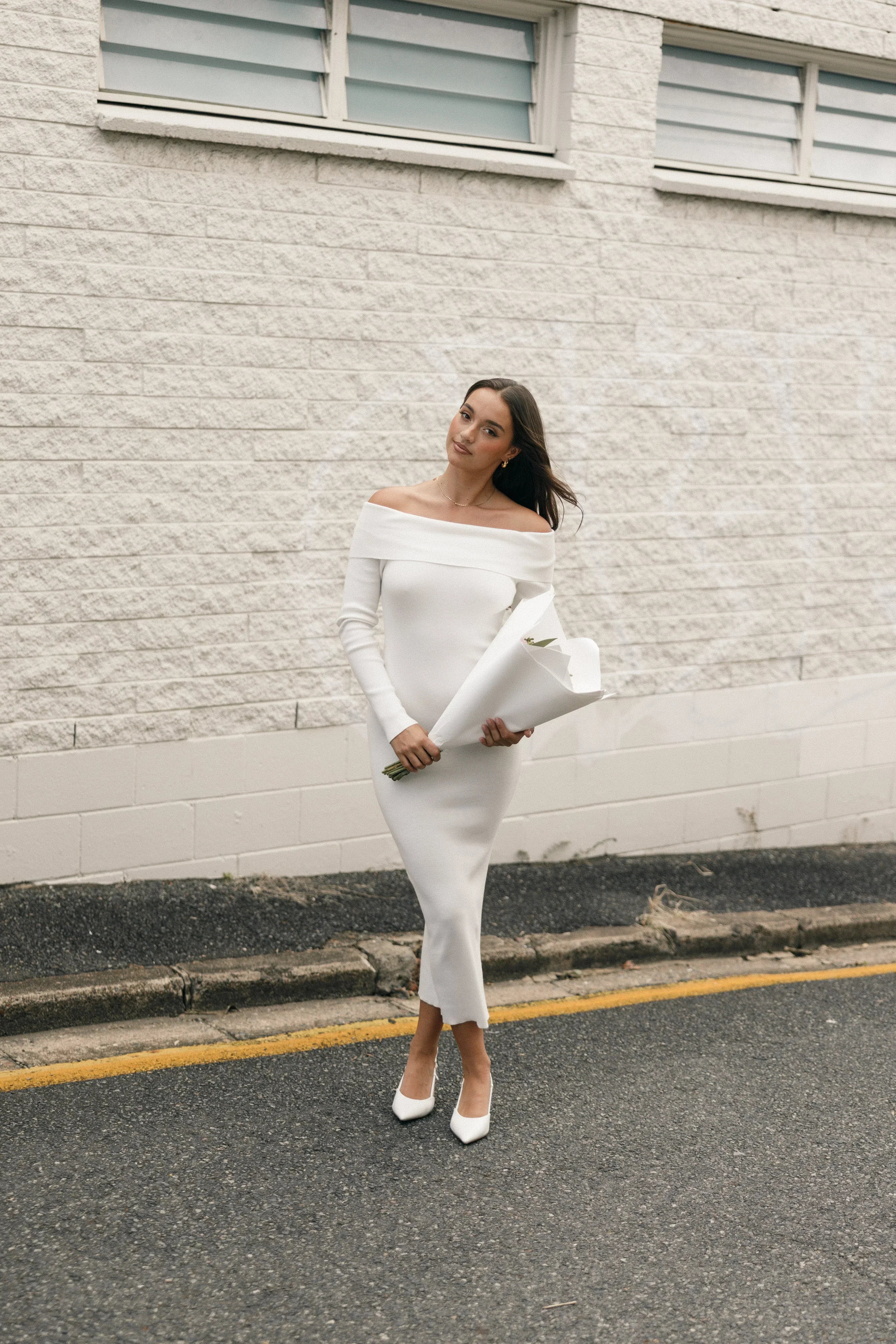 Archie Off the Shoulder Midi Dress - White