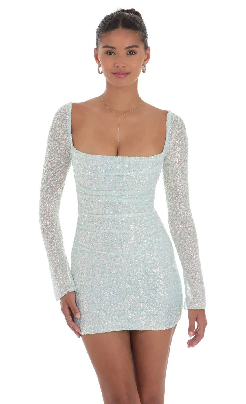 Knit Sequin Long Sleeve Dress in Blue