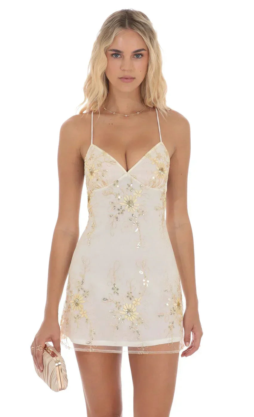 Sequin Embroidered Open Back Dress In Ivory