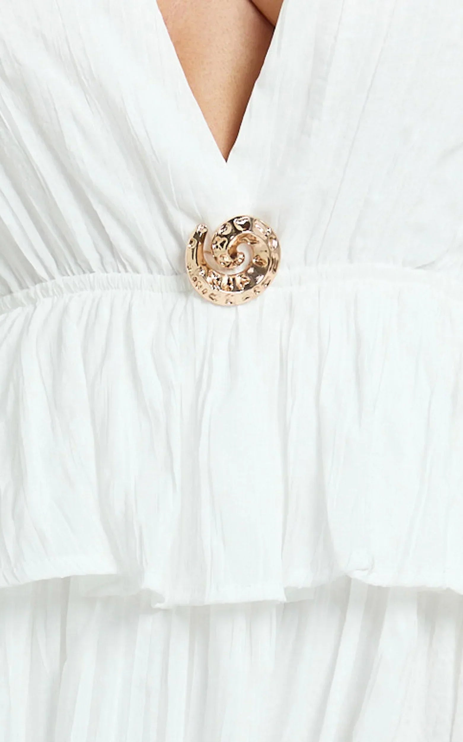 Heidi Maxi Dress - Deep V Plunge Halter Neck Brooch Detail Split Skirt Dress in White