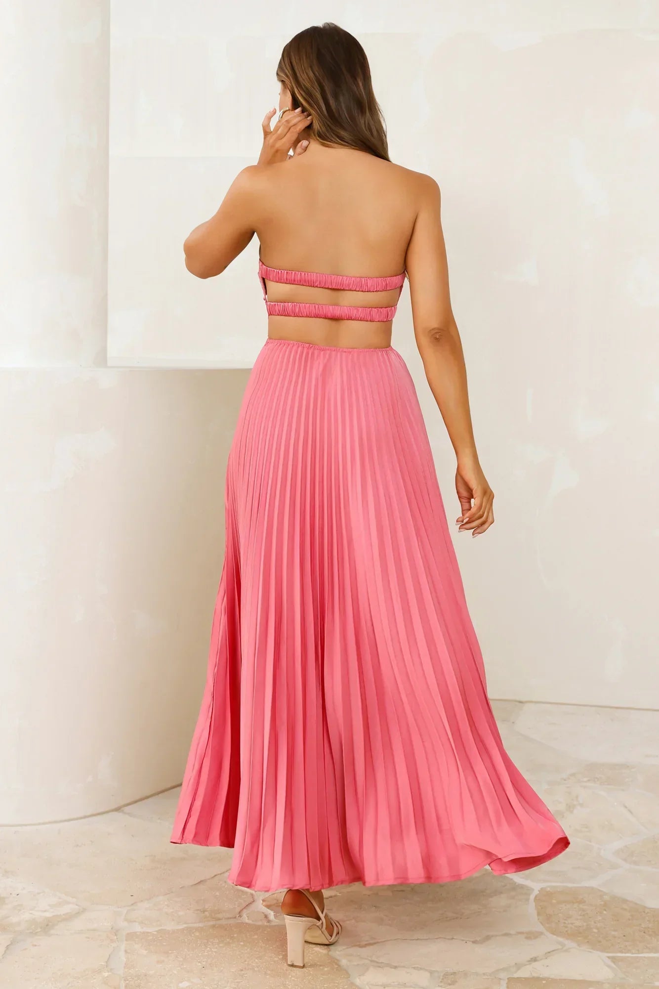 Vibes Are Priceless Strapless Satin Pleated Maxi Dress