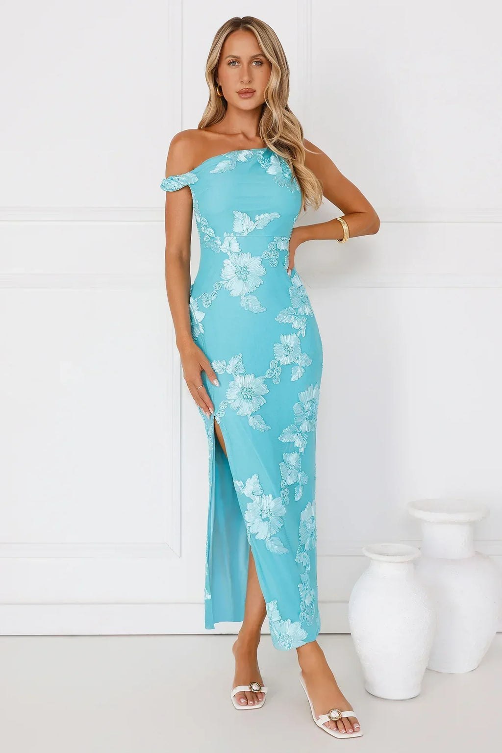 Billions Off Shoulder Mesh Maxi Dress