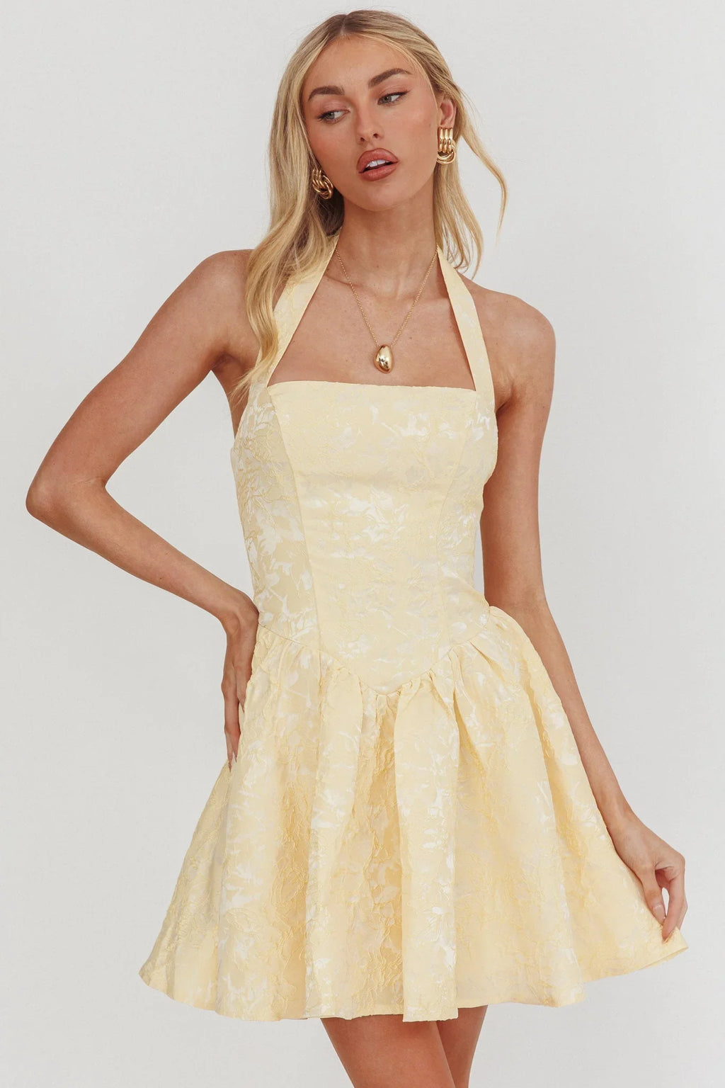 Serrah Halter Mini Dress Jacquard Butter